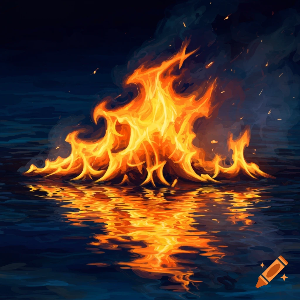 flames rising from water with reflections