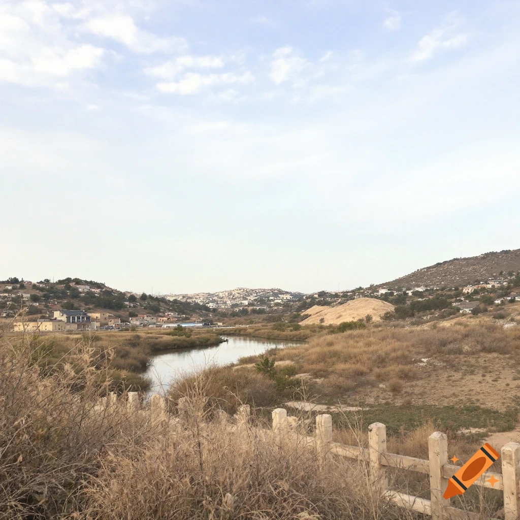 A river flows through dry grass towards distant buildings on hills under a cloudy sky, with a rough fence in the foreground.