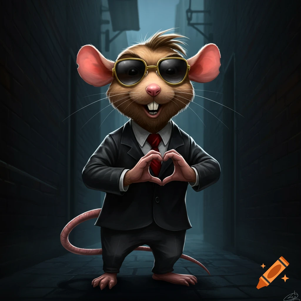 Cartoon rat in a suit and sunglasses forms a heart with its hands in a dark alley.