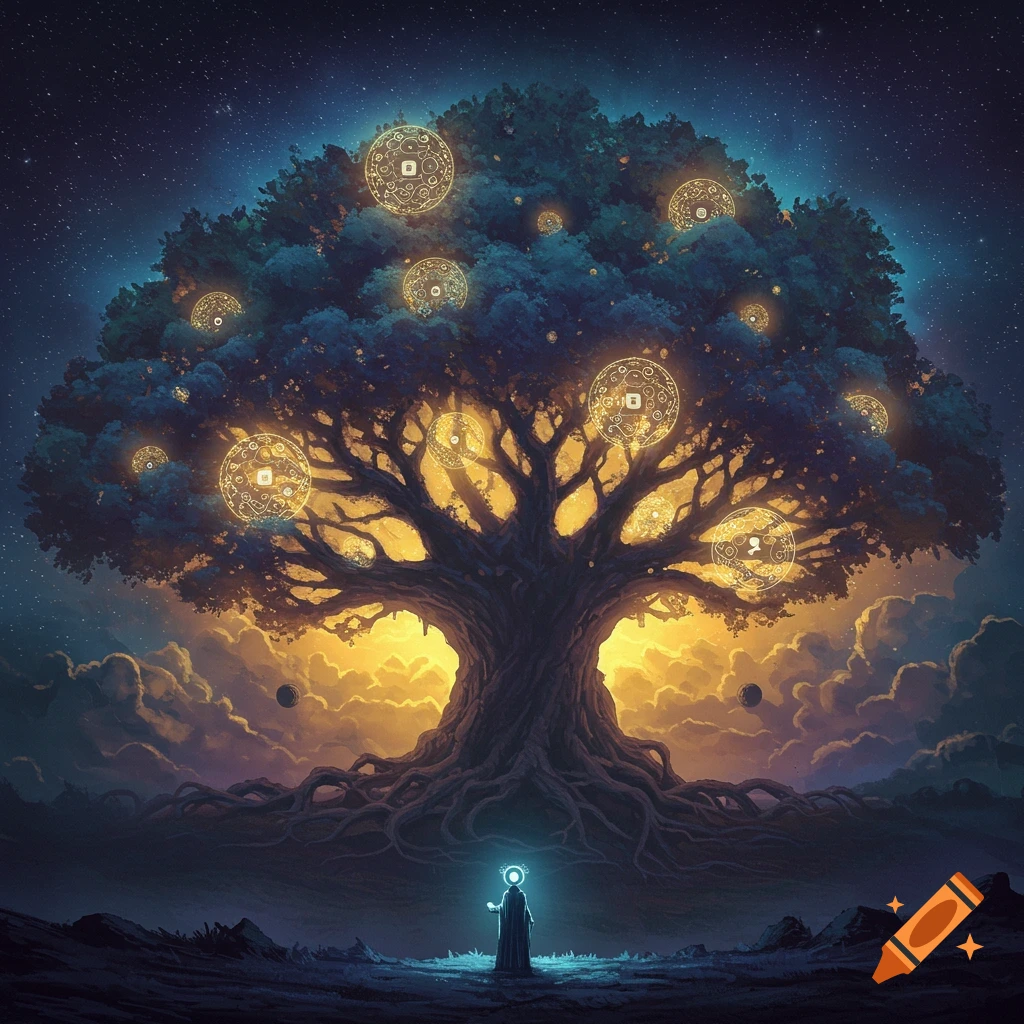 A cosmic ancient tree with glowing orbs in its branches under a starry sky, with a figure at its base.