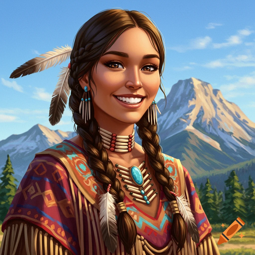 A Native American woman smiles, wearing traditional clothing and feathers, with mountains in the background.