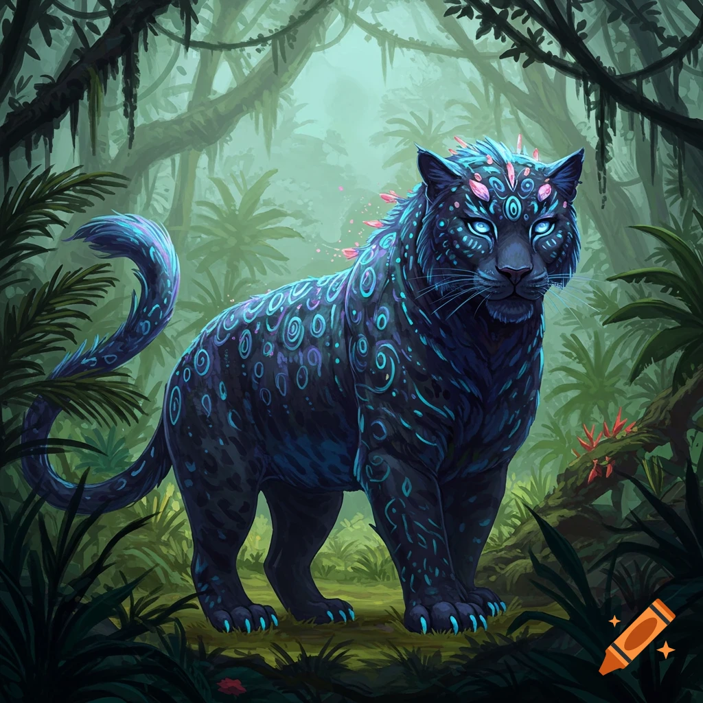 A mystical blue-black cat with colorful patterns in a jungle setting.