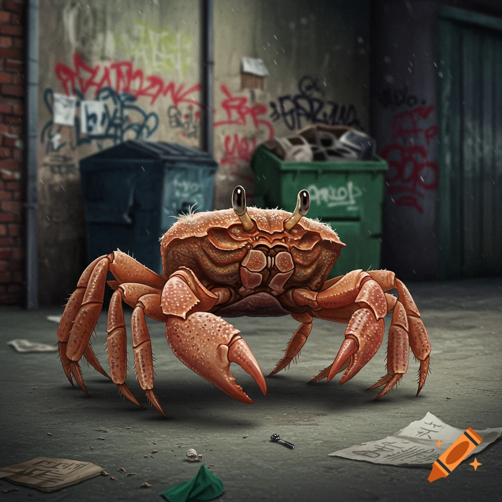 A crab stands in a gritty urban alleyway filled with graffiti and overflowing trash cans.