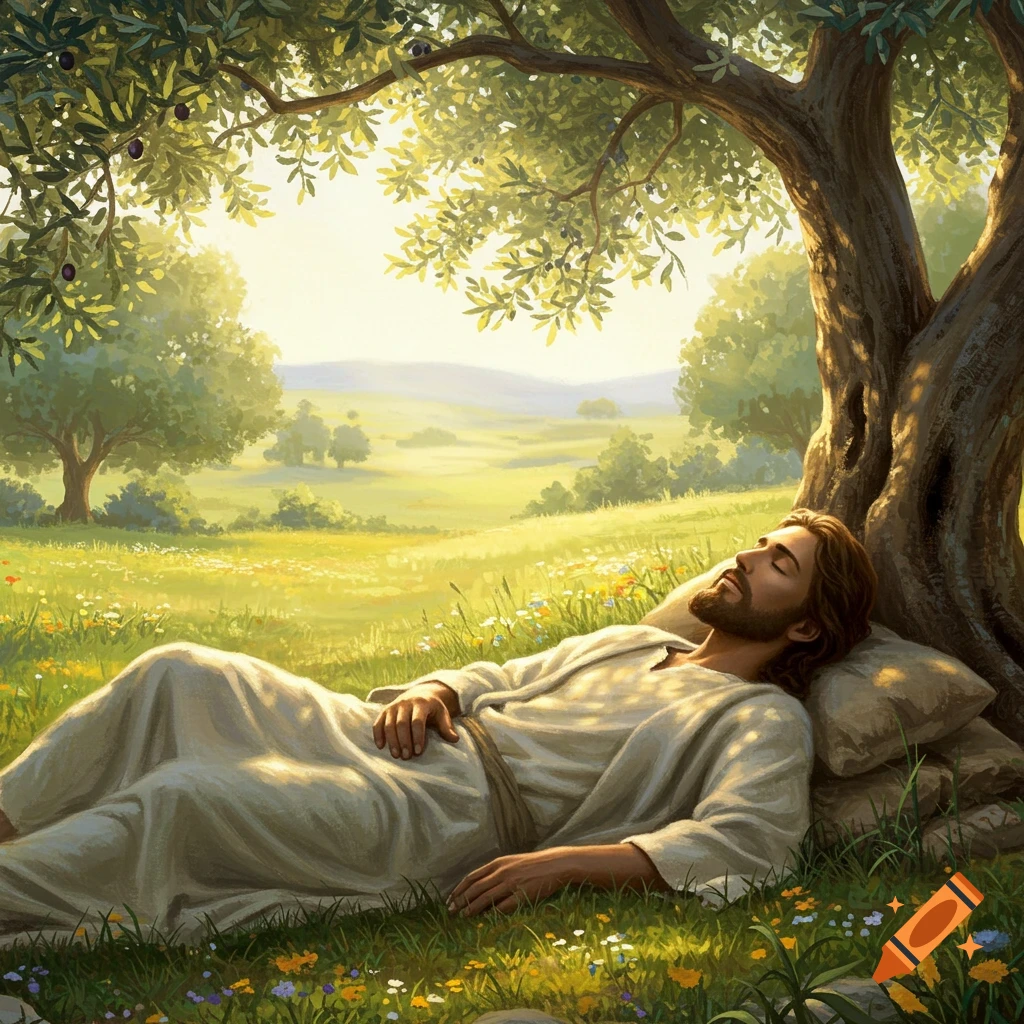 Jesus sleeping peacefully under a large tree in a sunny field.