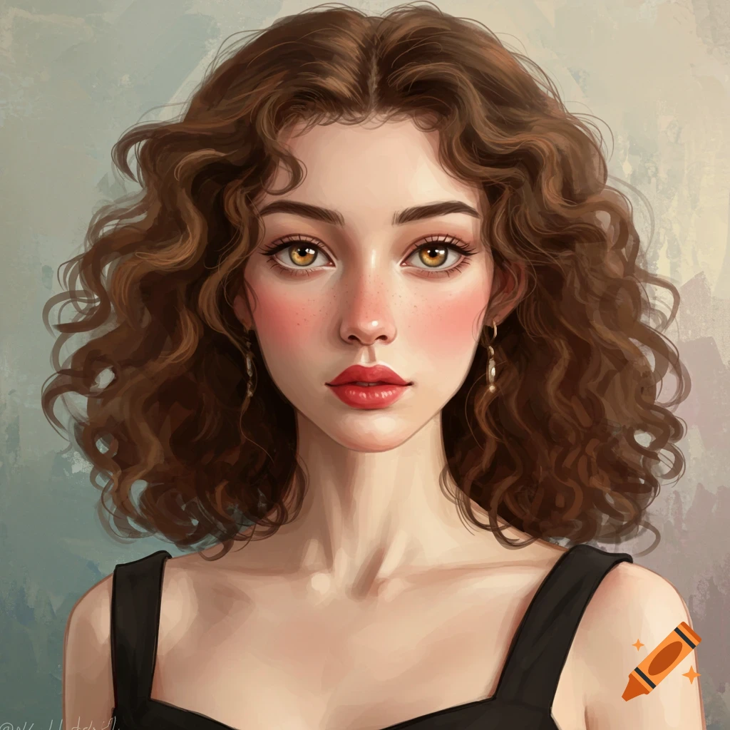 A young woman with curly brown hair and amber eyes is wearing a black top.