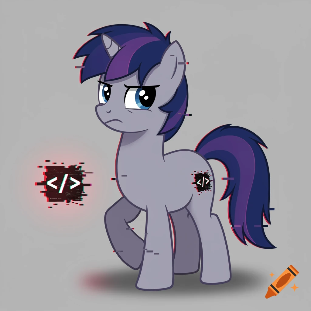 Cartoon pony with purple mane and tail, glitch effects, and </> coding symbols.