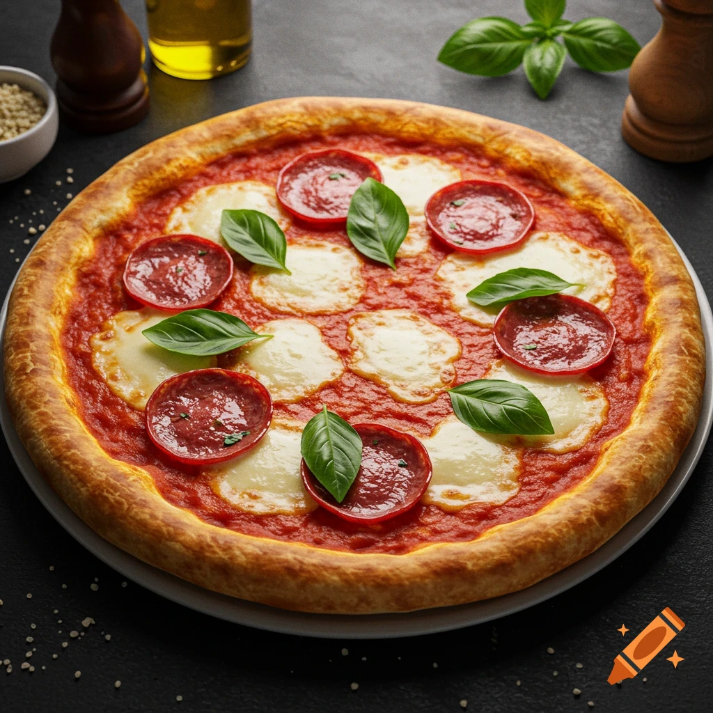 A close-up, top-down shot of a pepperoni pizza with fresh basil leaves on a dark surface.