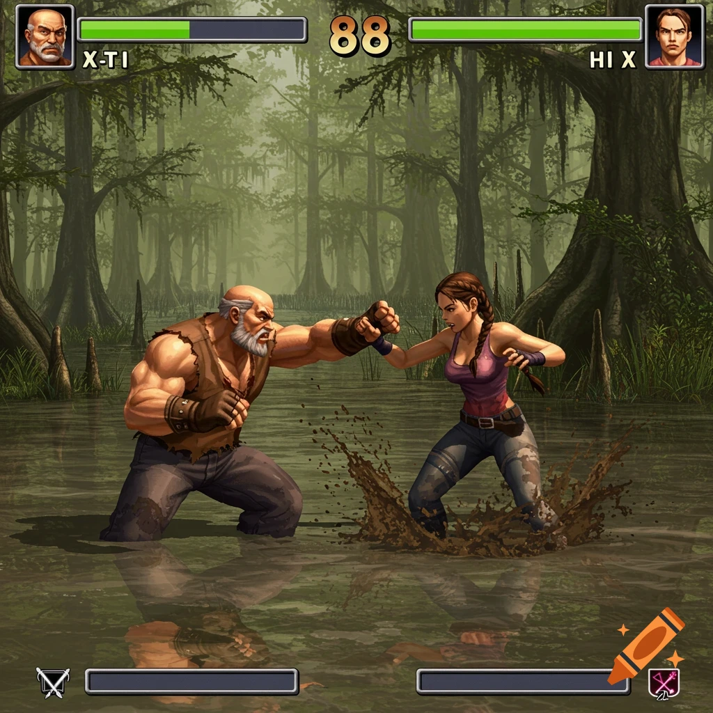 Screenshot of a fighting game: two characters battle in a swamp with UI elements like health bars and scores.
