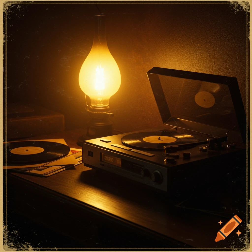 Vintage record player and lamp on a desk in warm, moody light.