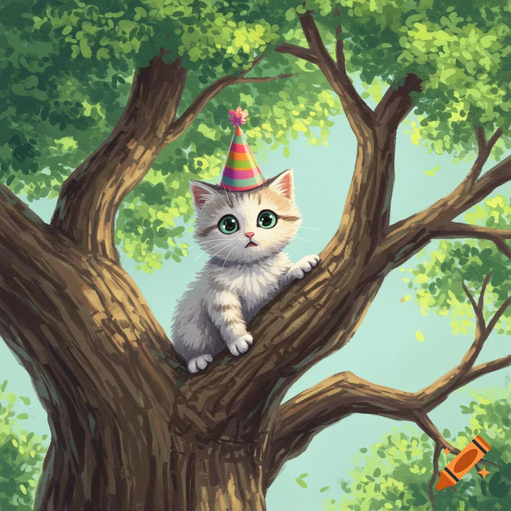A cute kitten wearing a party hat sits in a tree.