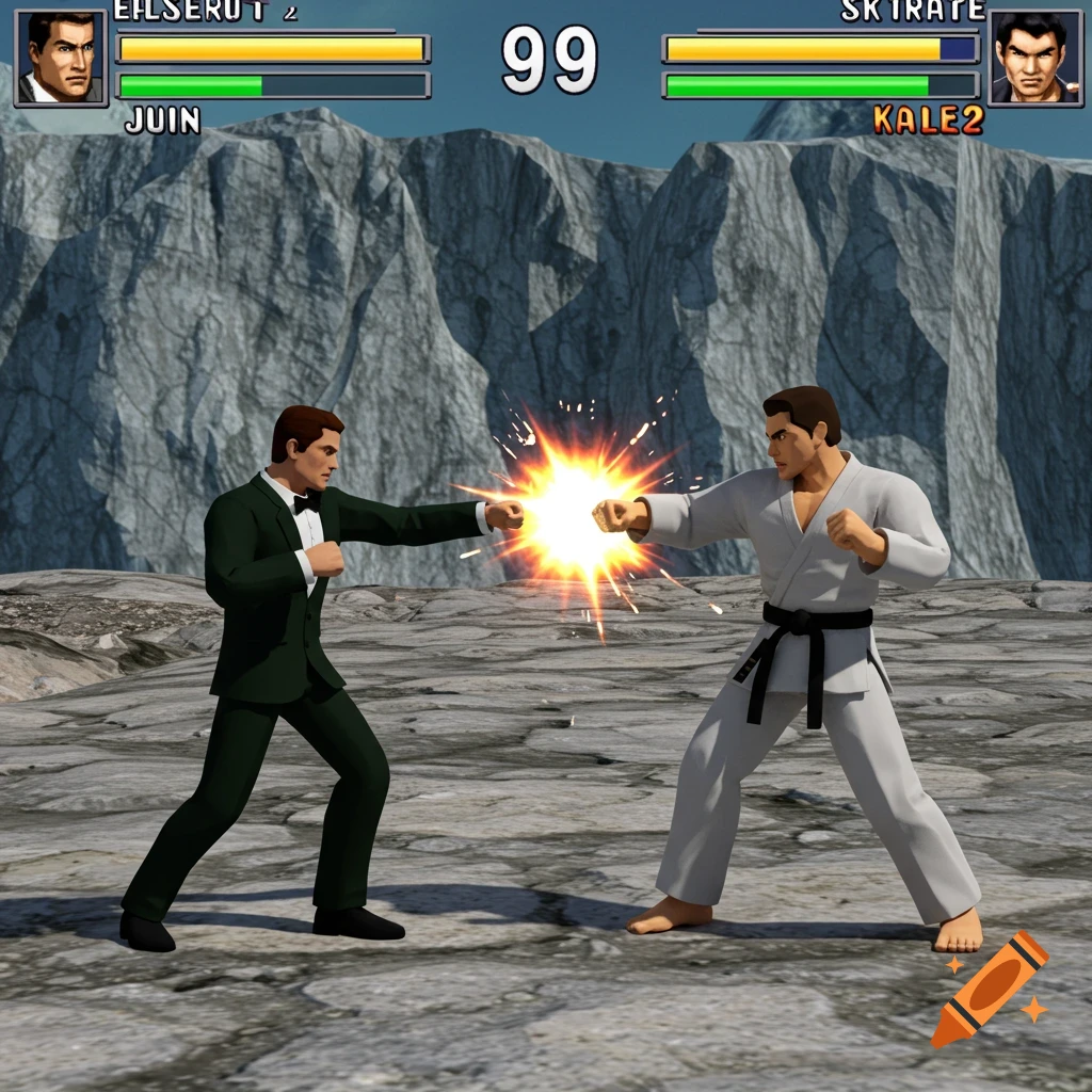 A 3D fighting game screenshot with two male characters, one in a green suit, one in a gi, fighting.