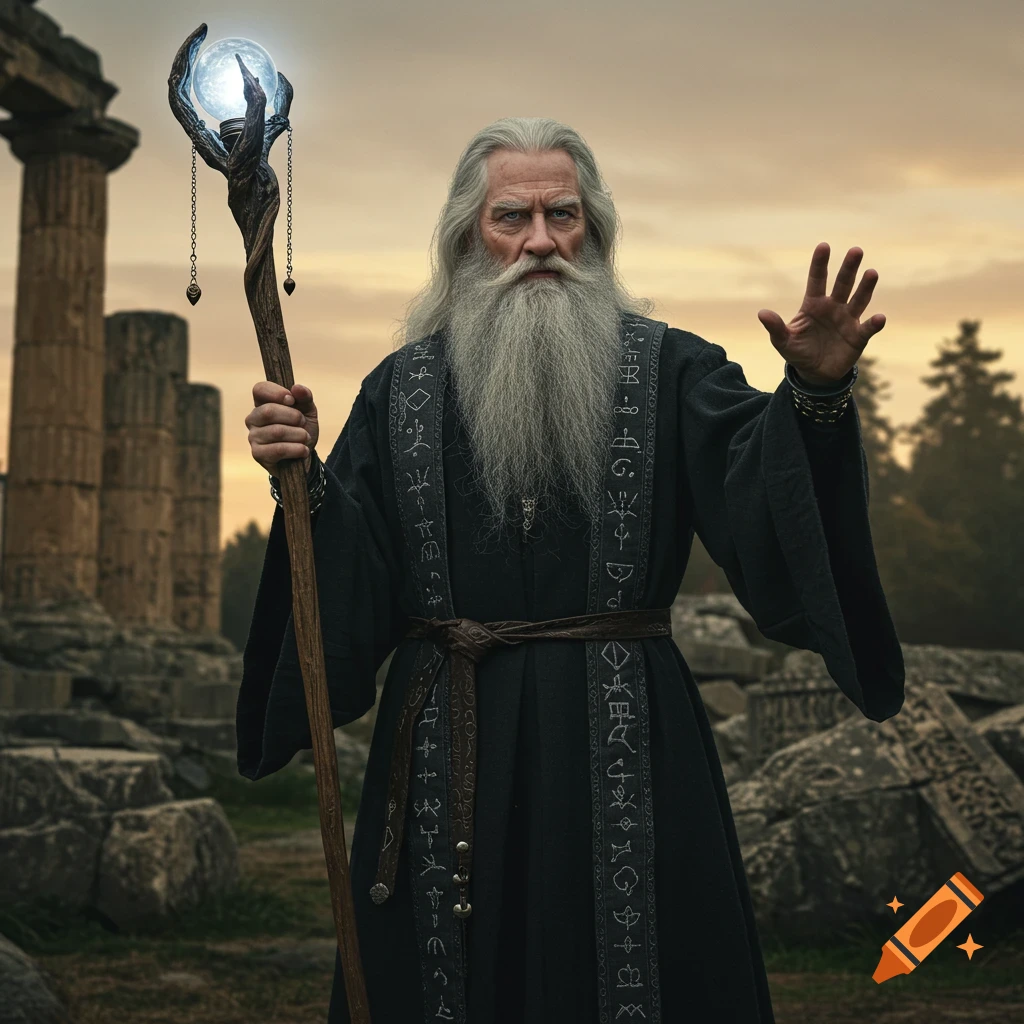 A wise, weathered wizard with a long grey beard holds a staff with a glowing orb, standing among ancient ruins. Photorealistic style.