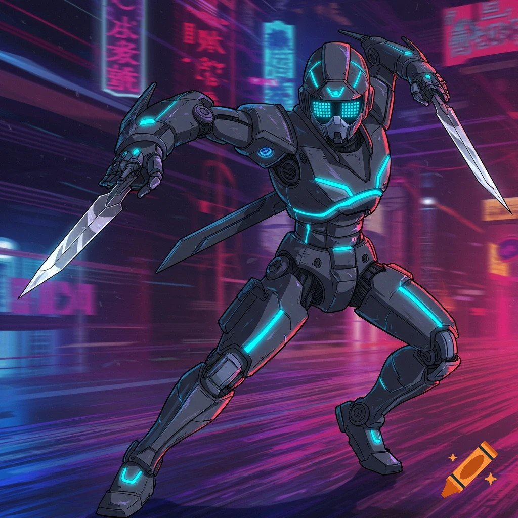 Robot ninja holds swords in a futuristic city street at night, anime style.