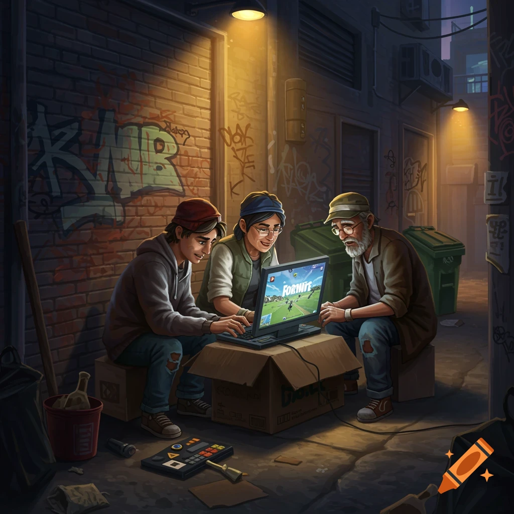 Three people playing Fortnite on a laptop in a dimly lit alleyway.