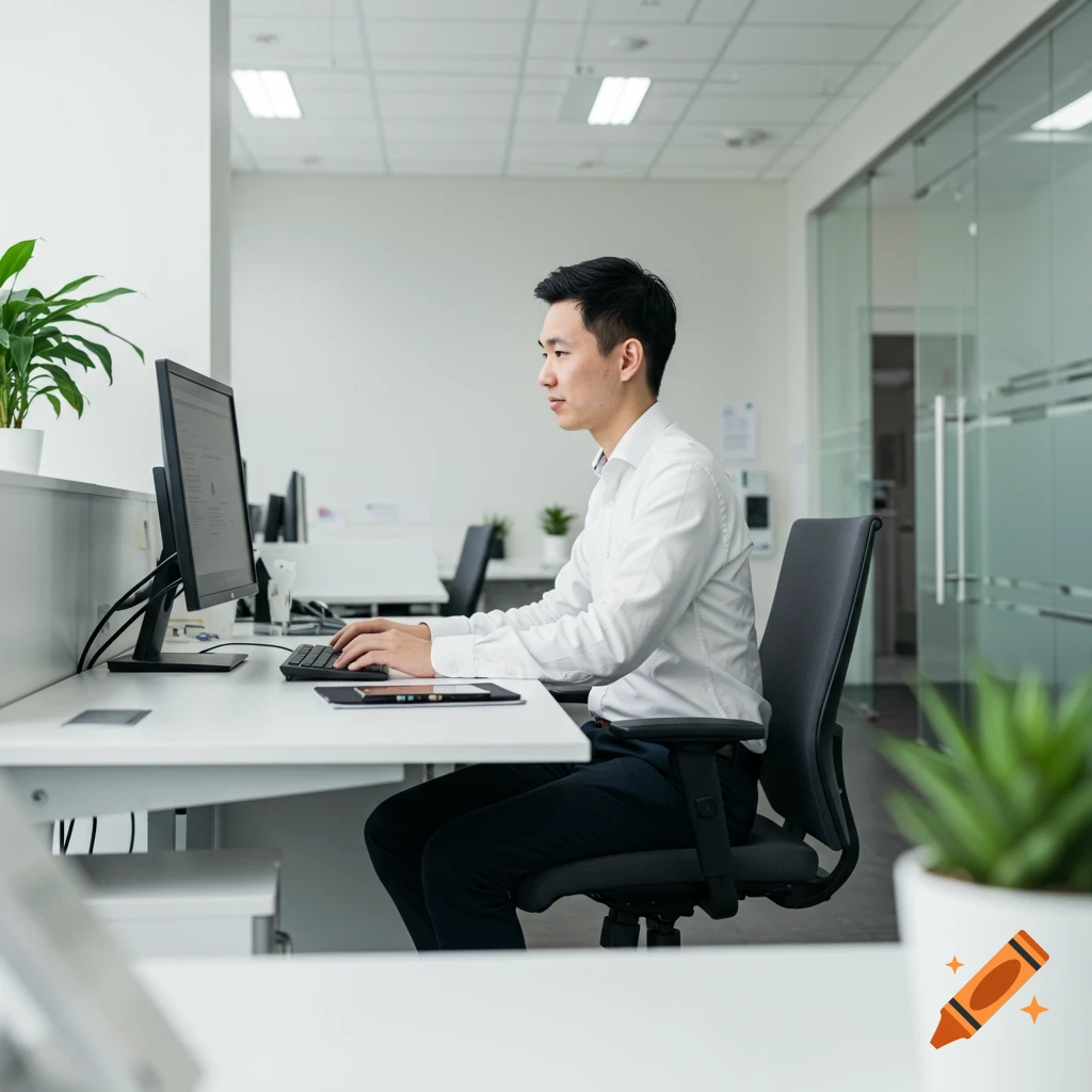 A man sits at a desk in an office, working on a computer.