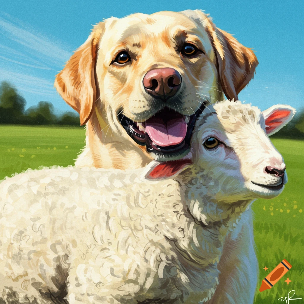 A Labrador retriever with a sheep in a field.