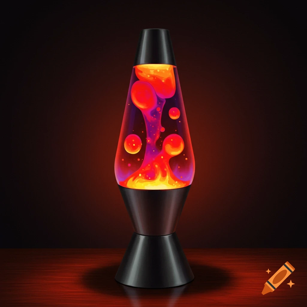 A vibrant illuminated lava lamp sitting on a wooden surface.