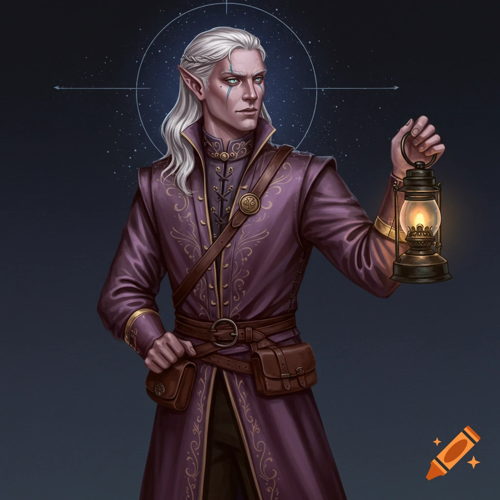 A white-haired fantasy character in a purple coat holding a lantern.