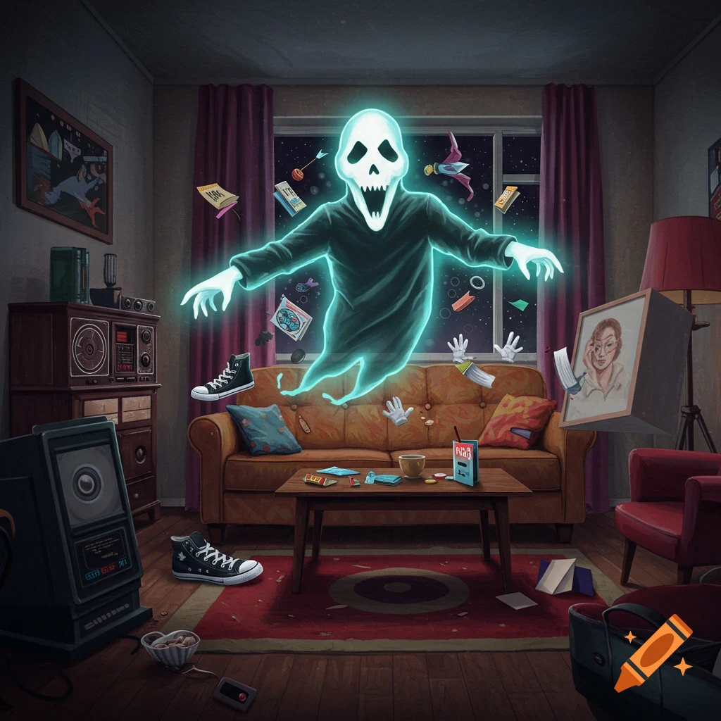 A spooky ghost floating in a retro living room with levitating objects, animated shoes, and gloves.