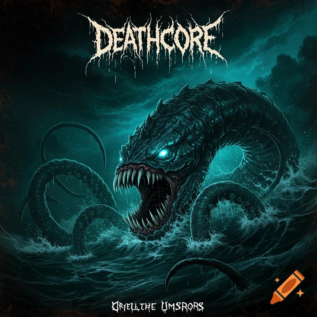 Deathcore album art of a monstrous sea creature with glowing eyes rising from dark, stormy water.