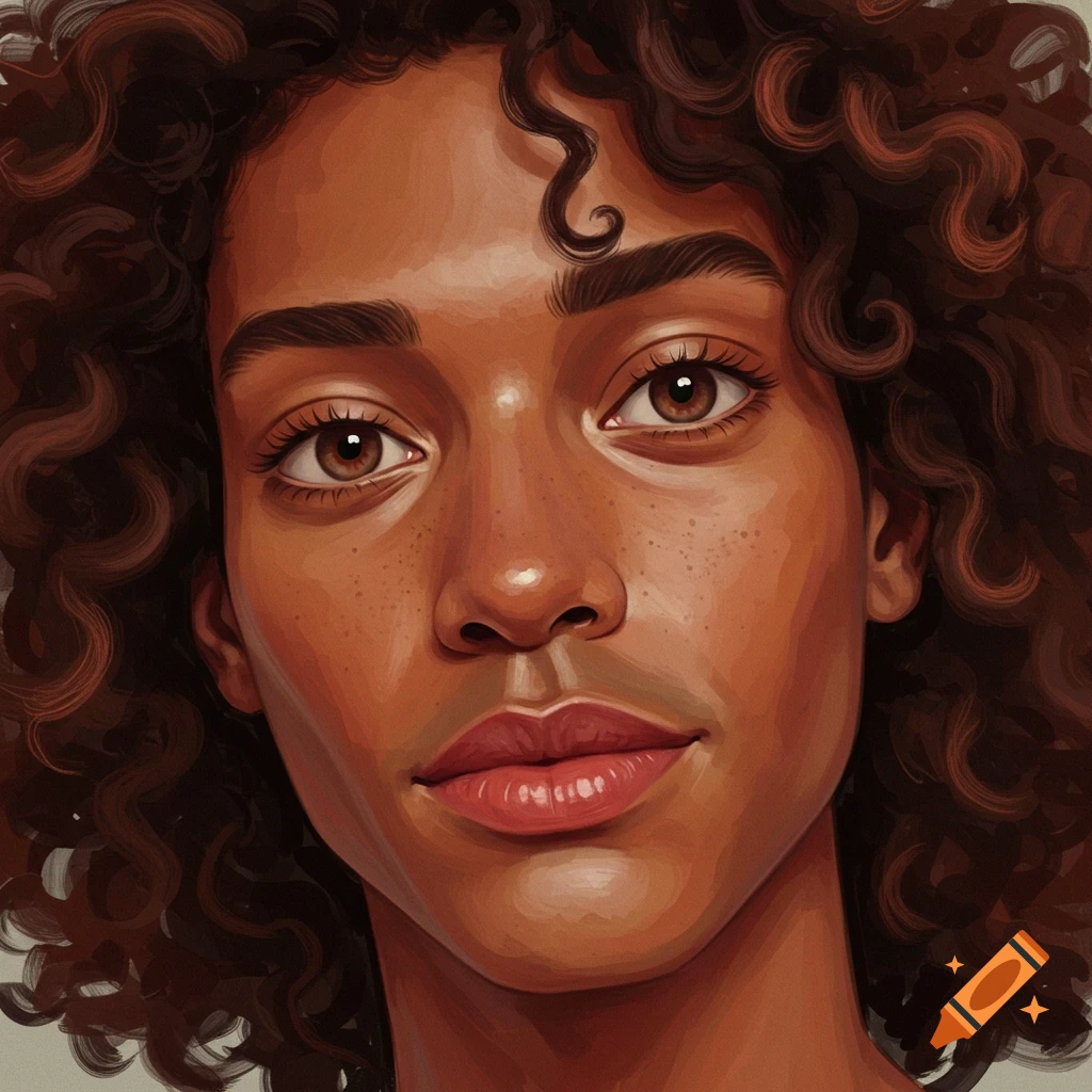 Close-up portrait of a person with curly brown hair, brown eyes, and freckles.