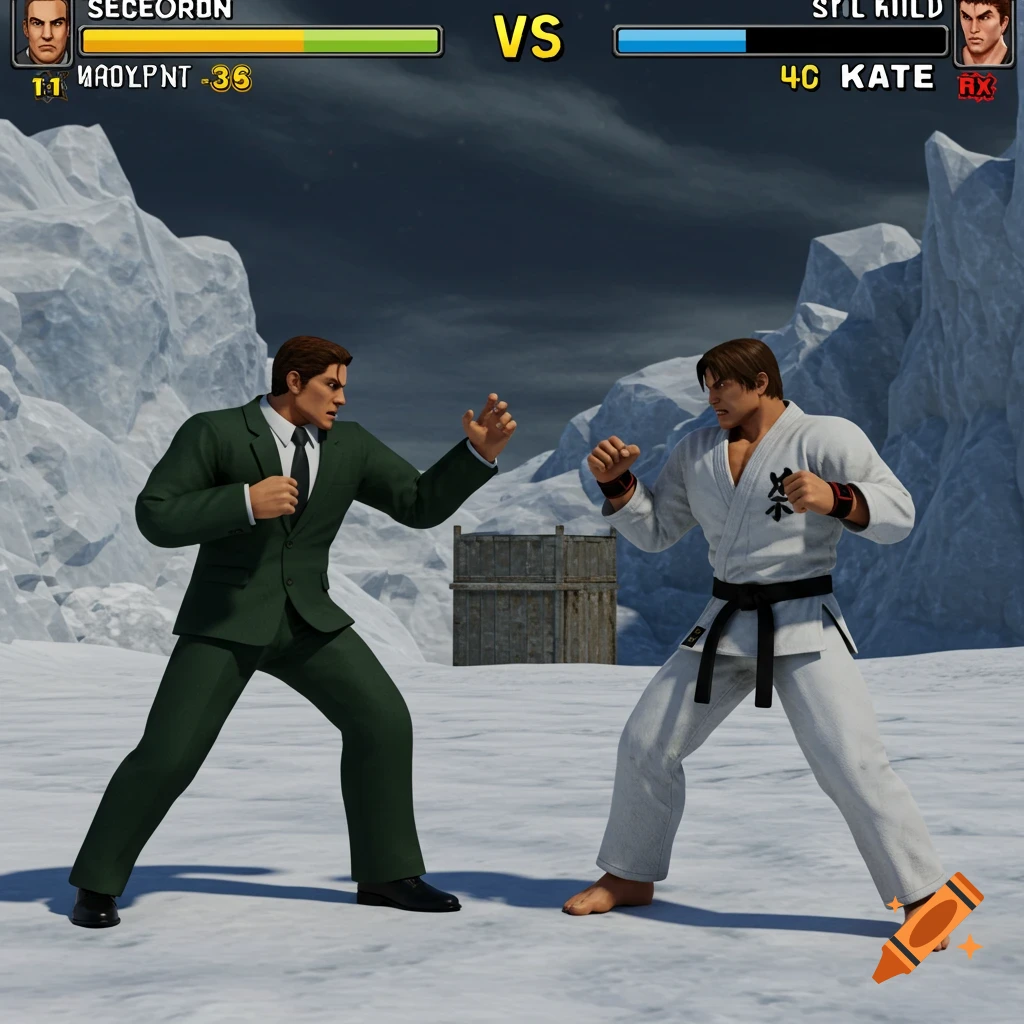 Two stylized characters in a fighting game pose, one in a green suit and one in a karate gi, in a snowy area with game UI.
