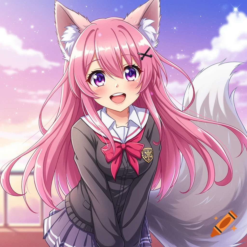 Anime girl with pink hair, fox ears and tail, wearing a school uniform and smiling.