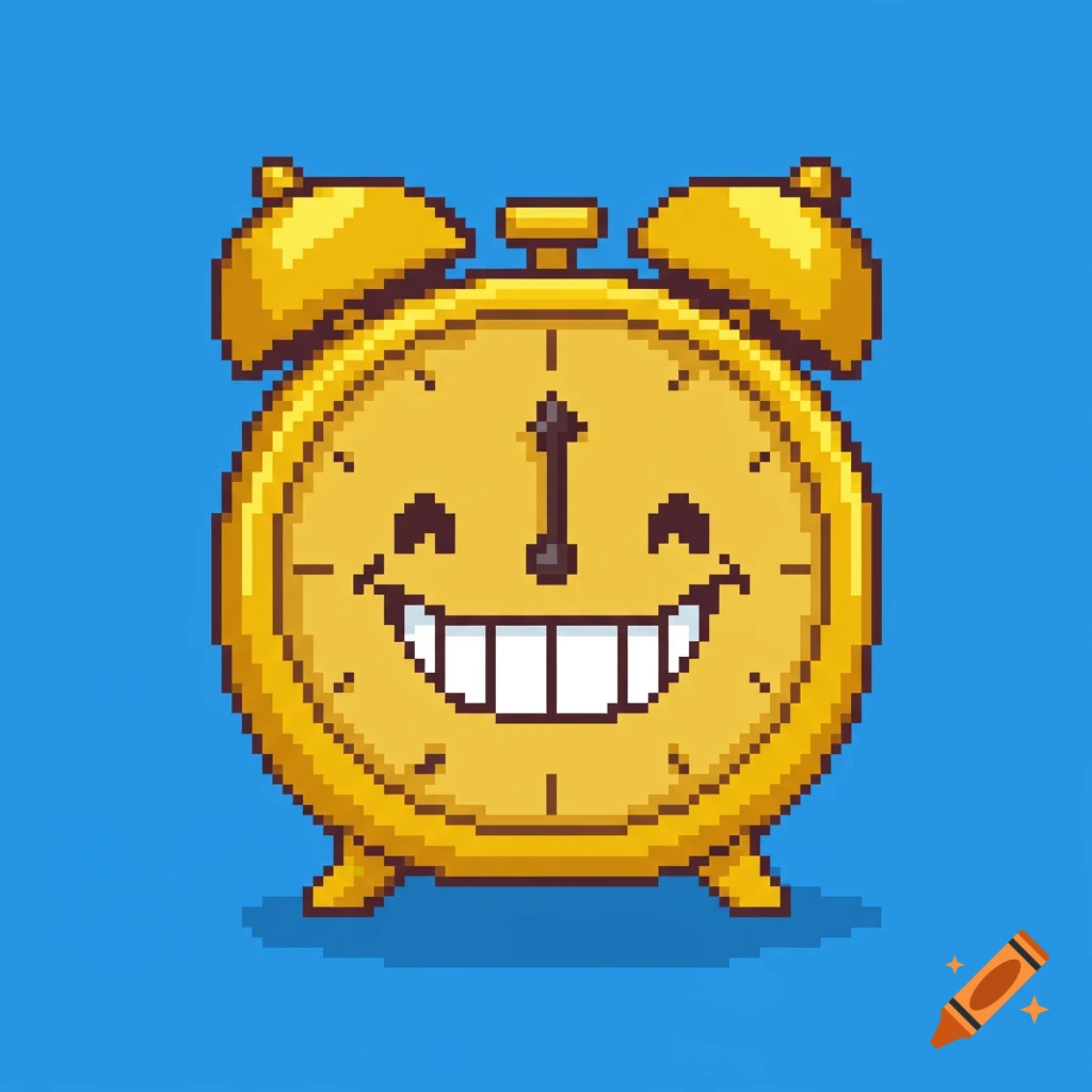 Pixel art golden alarm clock with a smiley face.