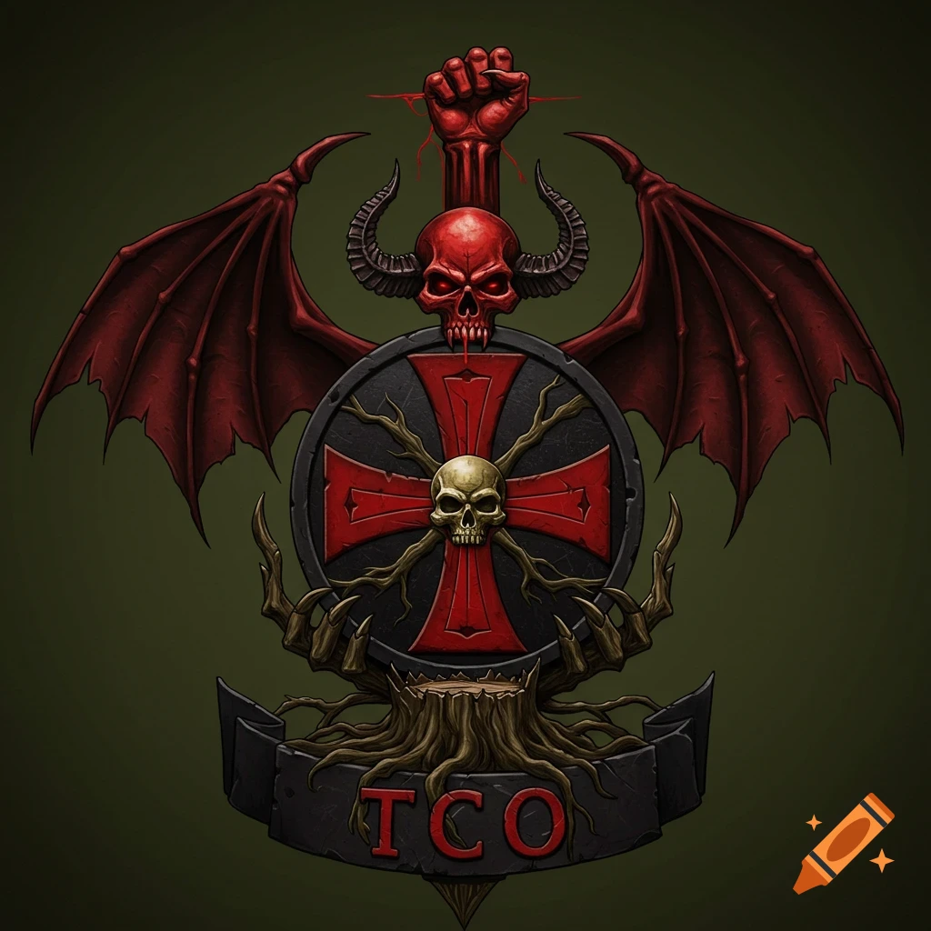 Dark fantasy emblem with red demon skull, bat wings, shield with red cross and skull, roots, and TCO text.
