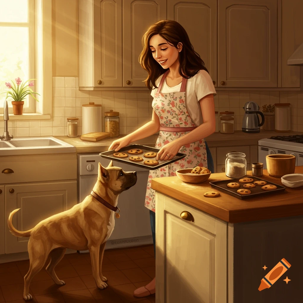 A woman smiles while baking cookies as a dog watches in a kitchen.