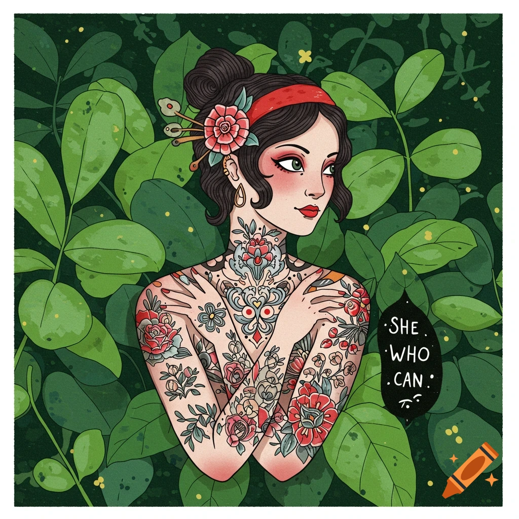 Stylized illustration of a woman with full arm and neck tattoos, arms crossed, surrounded by large green leaves. Text reads "She who can".