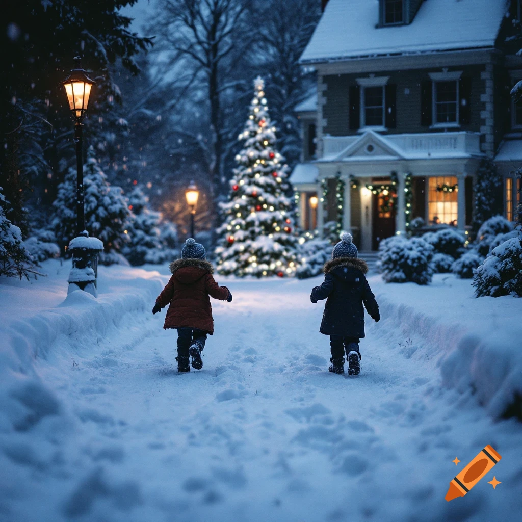 Two children walk down a snowy path towards a festive house with a lit Christmas tree at dusk.