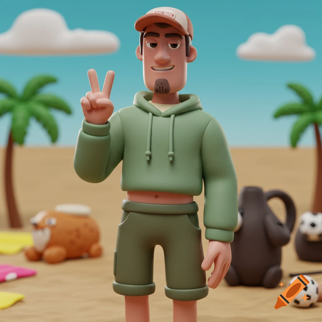 A 3D claymation man in a cropped green hoodie and shorts holds up a peace sign on a sunny beach.