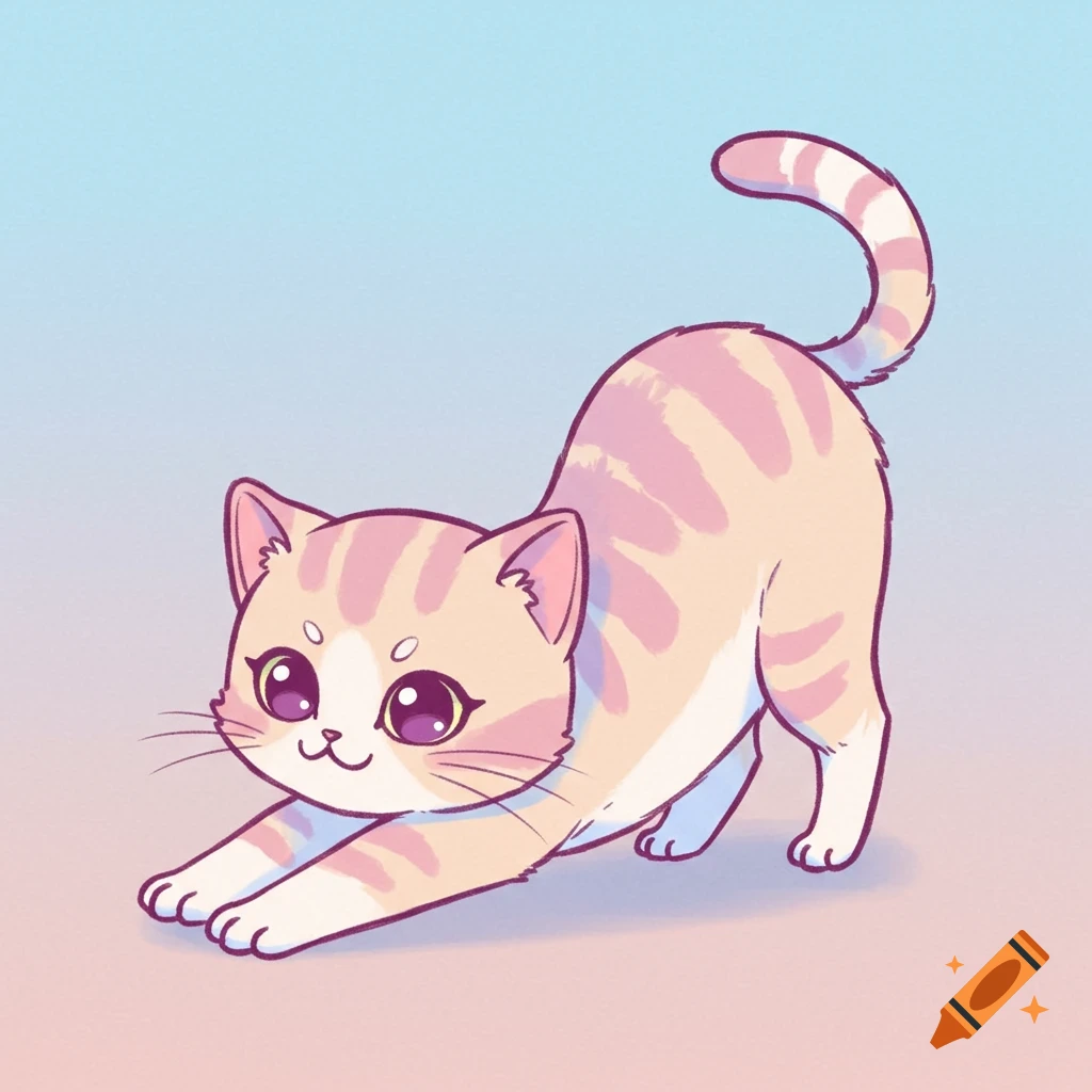 A cute cartoon chibi cat stretches on a pink and blue gradient background.