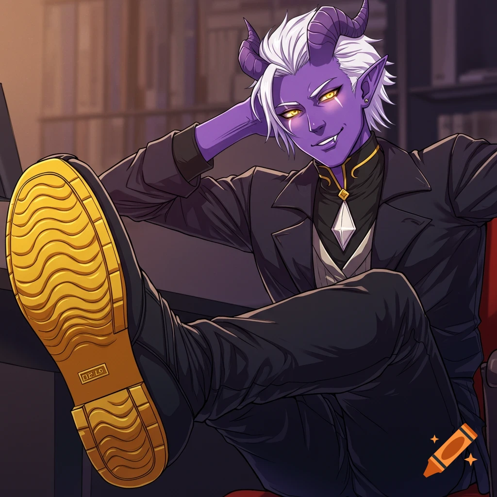 Anime-style purple-skinned tiefling in a suit sits with his foot on a desk, showing the yellow sole of his shoe.