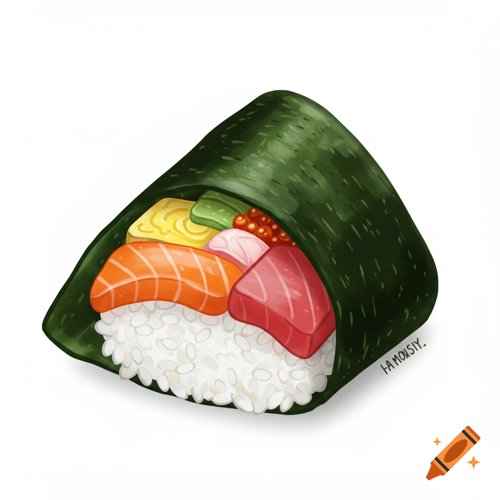 A digital illustration of a hand roll sushi filled with rice, salmon, tuna, roe, egg, and cucumber.