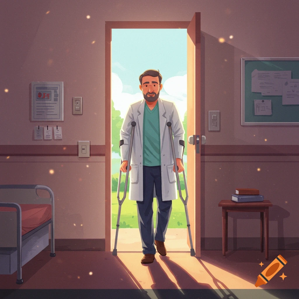 A man on crutches leaving a hospital room into the sunlight.