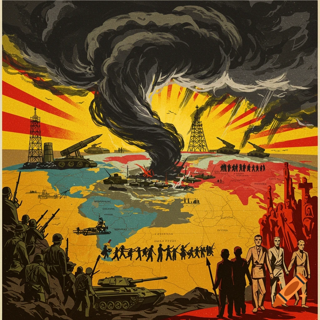 Stylized illustration of a conflict zone with a map, military vehicles, soldiers, oil derricks, and a large smoke cloud.