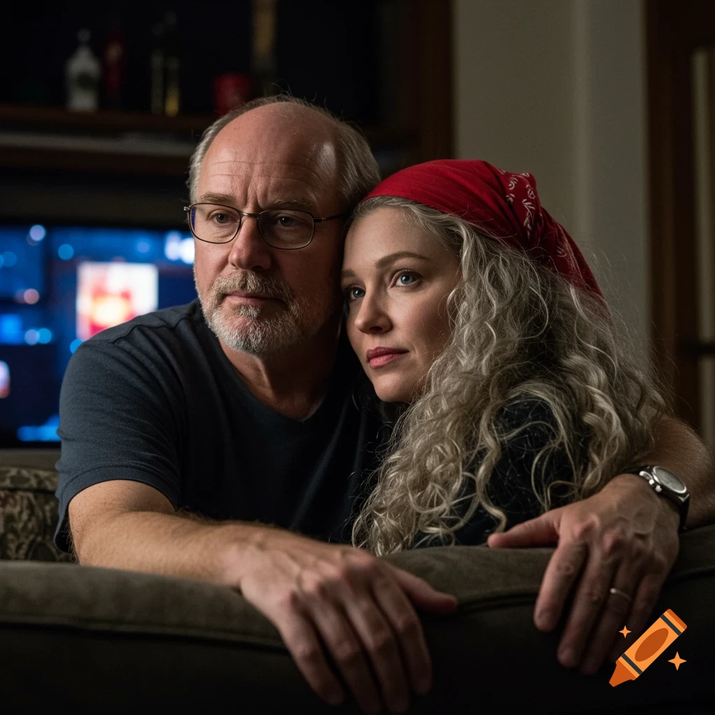 A man and woman snuggling on a couch, lit by a TV screen in the background.