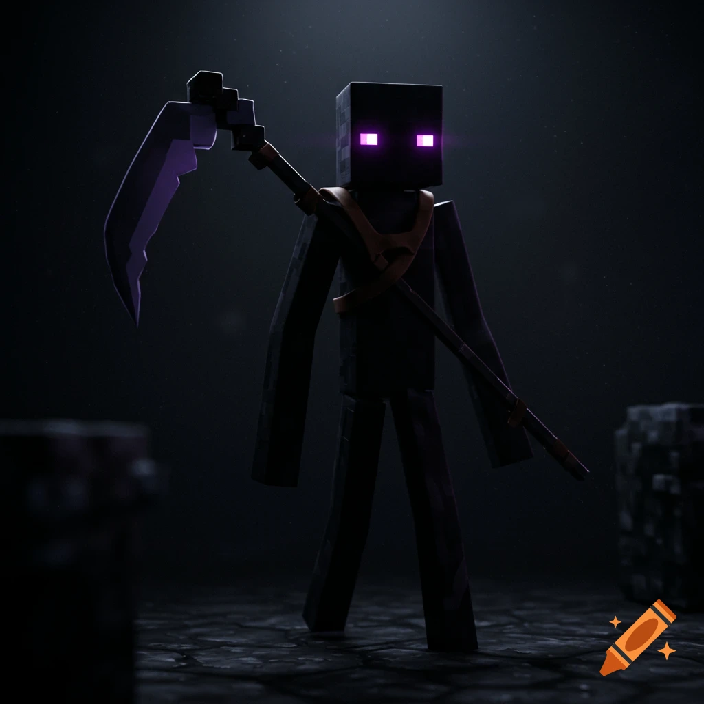 Minecraft Enderman with scythe in a dark scene.