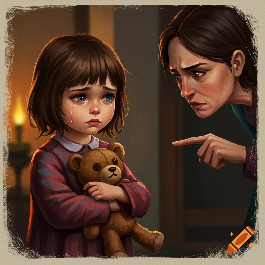 A crying child holding a teddy bear while being scolded by a woman.