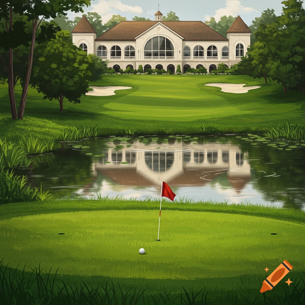 A golf course putting green with a pond reflecting a grand clubhouse in the background.