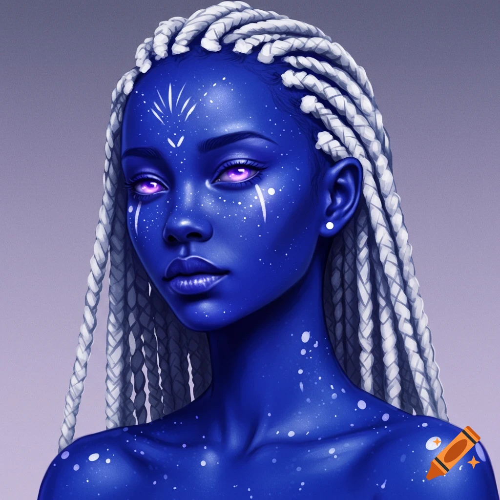A close-up portrait of a person with blue skin, white face markings, glowing purple eyes, and white box braids.