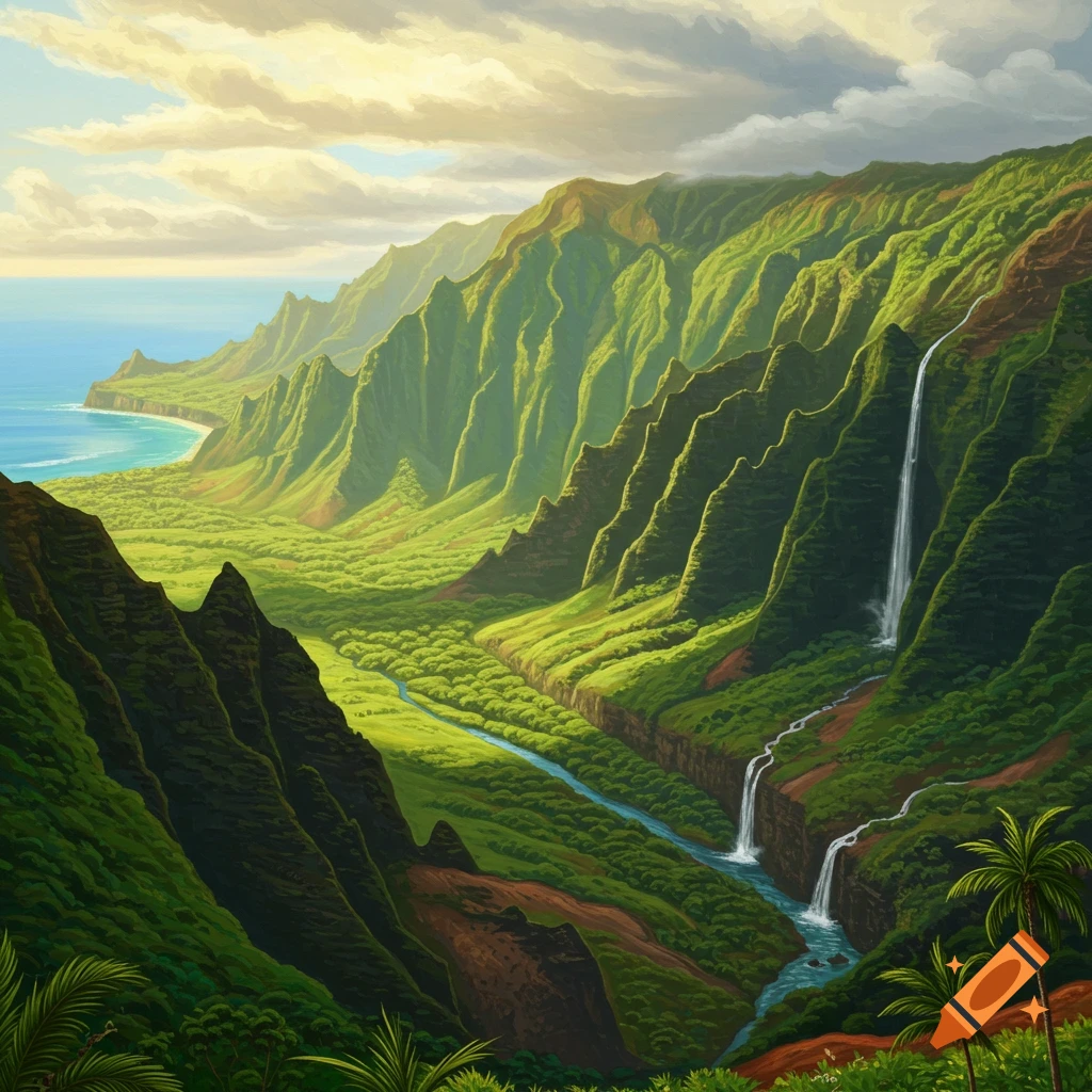 A lush green valley with waterfalls, a river, steep mountains, and the ocean in the background.