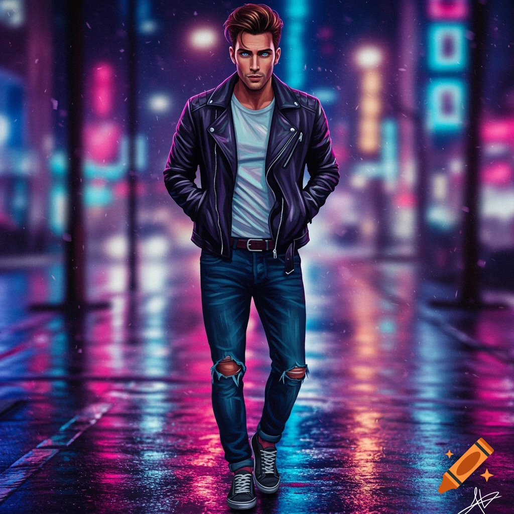 A man in a leather jacket and jeans stands on a wet street in a neon-lit city at night.