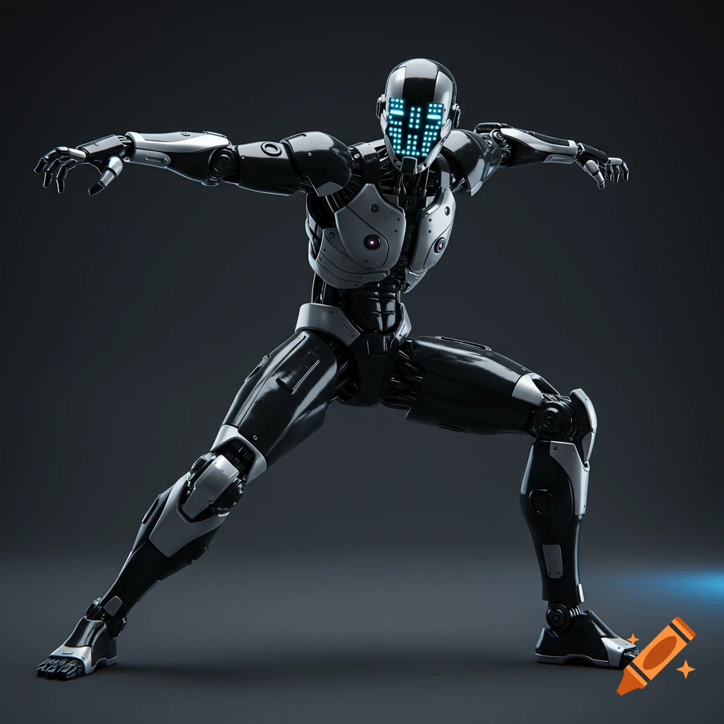 A futuristic black and white robot in a dynamic pose, like a cartoon hero.