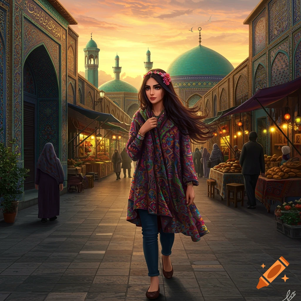 A woman walks through a vibrant bazaar with ornate architecture