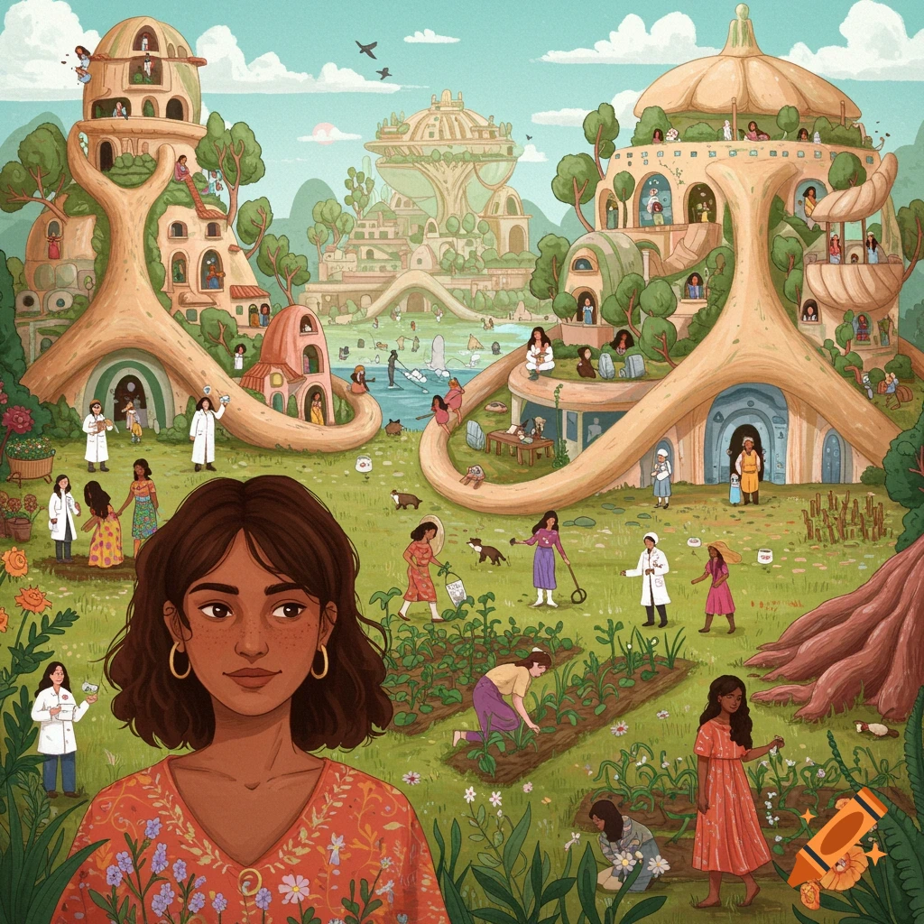 A vibrant fantasy painting of a utopian society of women in a lush landscape with organic buildings.