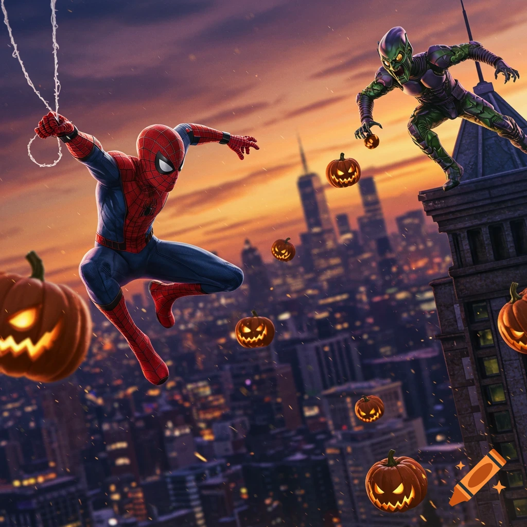 Spider-Man swings through the city at sunset, facing Green Goblin with flying jack-o'-lanterns