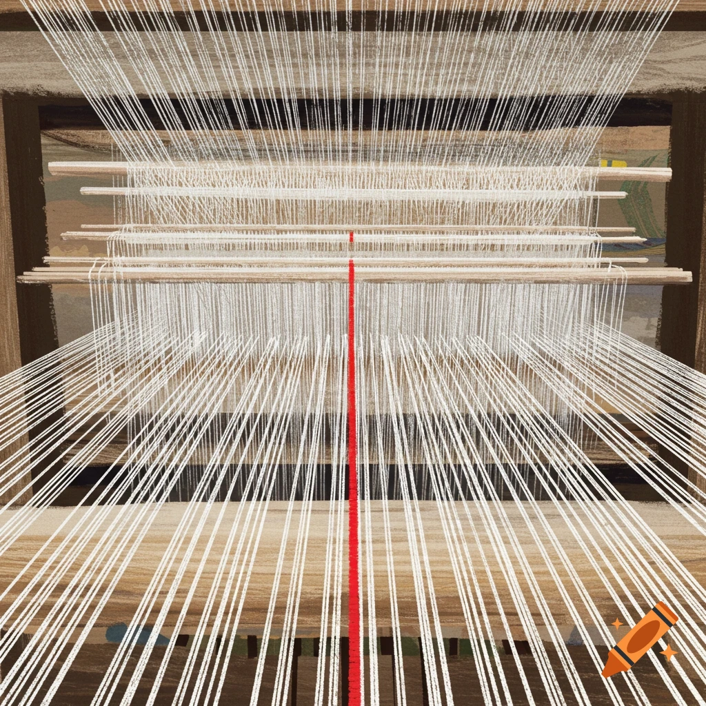 Close-up of white threads on a loom with a single red thread.